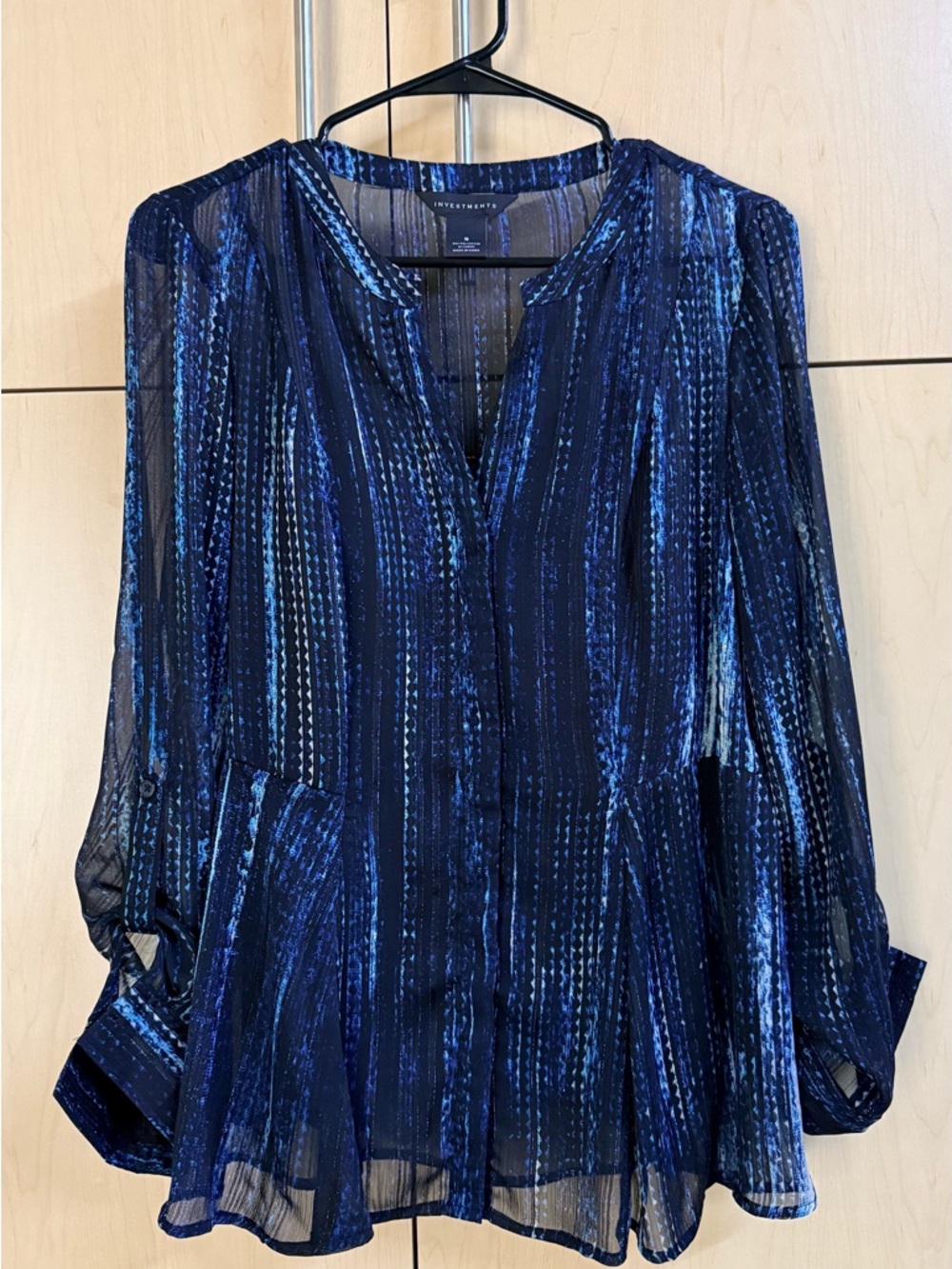 INVESTMENTS Black with Blue Printed Peplum Sheer Blouse with Cami.